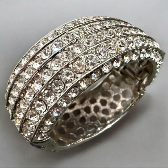 WIDE SILVER RHINESTONE HINGED CUFF BRACELET – 2.5” x 2.7” STATEMENT BANGLE - Picture 1 of 17